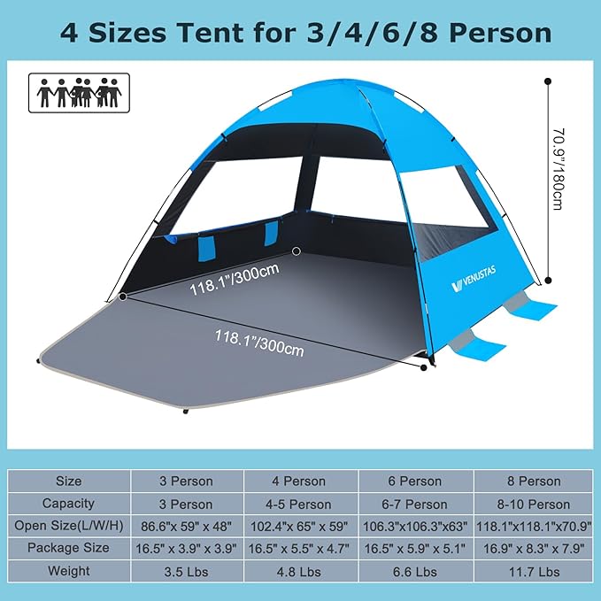 Venustas Beach Tent Sun Shelter for 3/4/6/8 Person, UPF 50+ UV Protection Beach Canopy, Lightweight and Easy Setup Cabana, Portable Shade Tent