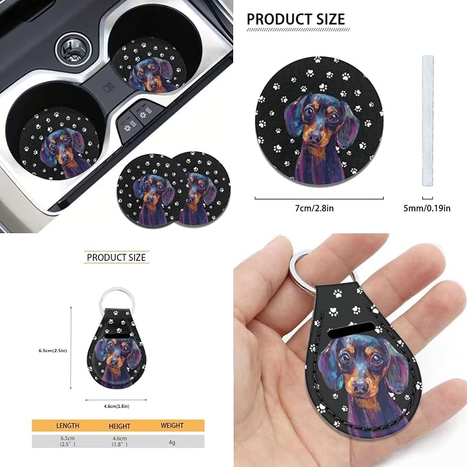 Xoenoiee Dachshund Dog and Paw Print Front Rear Seat Cover for Car SUV Interior Accessories Set with Steering Wheel Cover, Seat Belt Cover, Auto Coasters, Key Chains, 11 Pcs