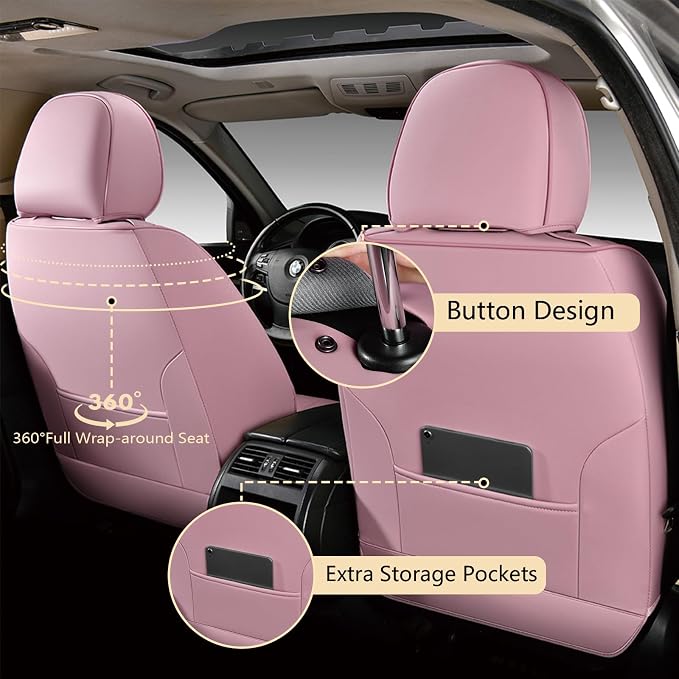 FLORICH Car Seat Cover Full Set, Automotive Vehicle Seat Cushions, Luxury Waterproof Leather Car Seat Protectors, Car Seat Cushions Universal Fit for Most Sedans SUVs Trucks - Pink