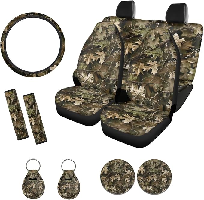 Xoenoiee Realistic Forest Camouflage Car Seat Cover Front & Rear Seat Cover with Steering Wheel Cover + Seat Belt Cover+ Cup Coasters+ Key Chains Universal Fit for Van Truck SUV