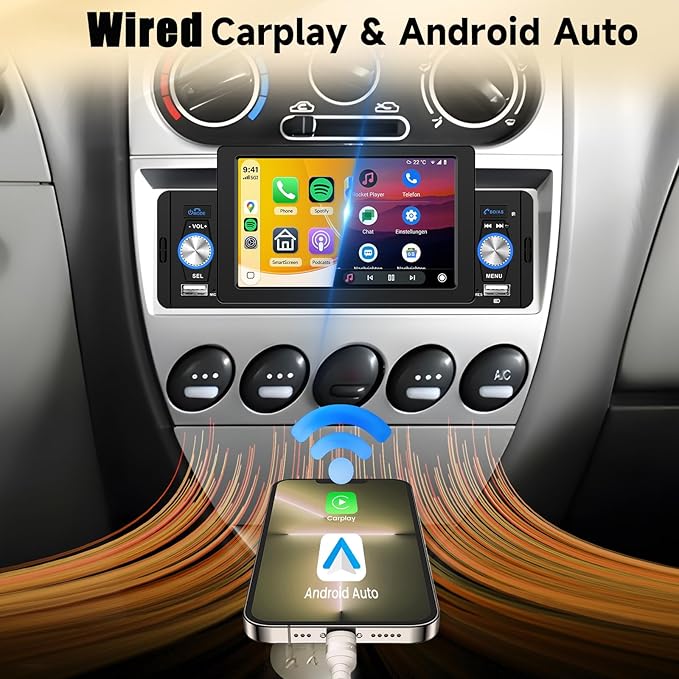 Carplay Single Din Radio 5 Inch Touch Screen Car Stereo with Car Play Android Auto, Bluetooth 5.1, HD Backup Camera, Mirror Link, Siri Voice Control, USB, FM, SWC, Dual Mic, Remote Control