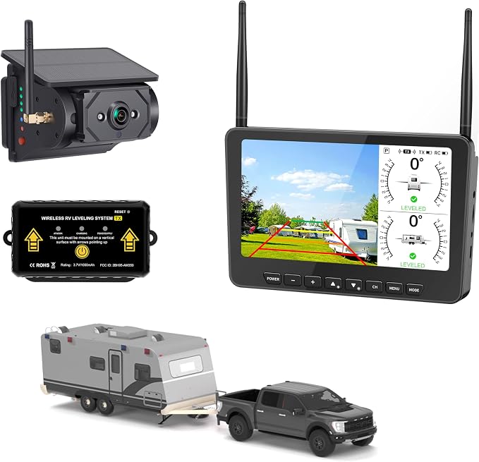 2 in 1 Magnetic Solar RV Backup Camera + Wireless RV Leveling System – 7-Inch Wireless Monitor for RV Travel Trailers Campers Leveler, Magnetic Easy Detach Mount Design