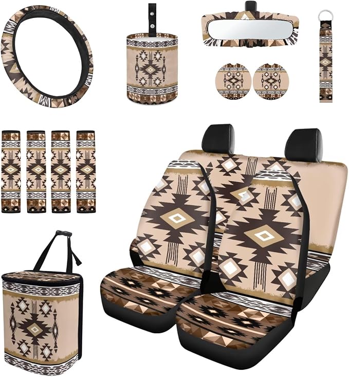 Ethnic Geo Car Seat Covers Set of 15 with Universal Steering Wheel Cover, Rearview Mirror Cover, Car Trash Can, Seatbelt Pads, Cup Holder Coasters, Keychains