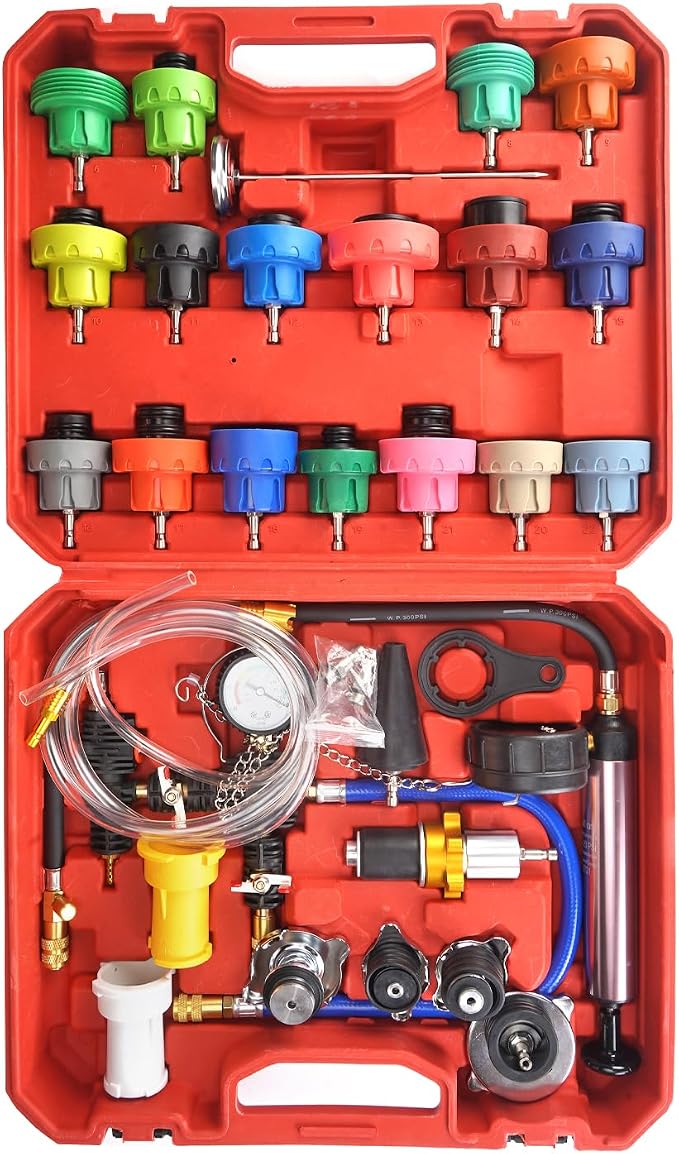 34pcs Coolant Vacuum Refill Kit with 25 Radiator Adapters, Coolant Pressure Tester Kit, Radiator Cooling System Pressure and Vacuum Purge Refill Tool