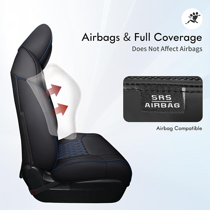 Huidasource Seat Covers for Dodge Ram 2019-2025 RAM 1500 2500 3500 Crew/Mega Cab, Waterproof Ram Leather Seat Covers Full Set, Front & Rear Ram Truck Seat Cushion Covers (Full Set/Black&Blue)
