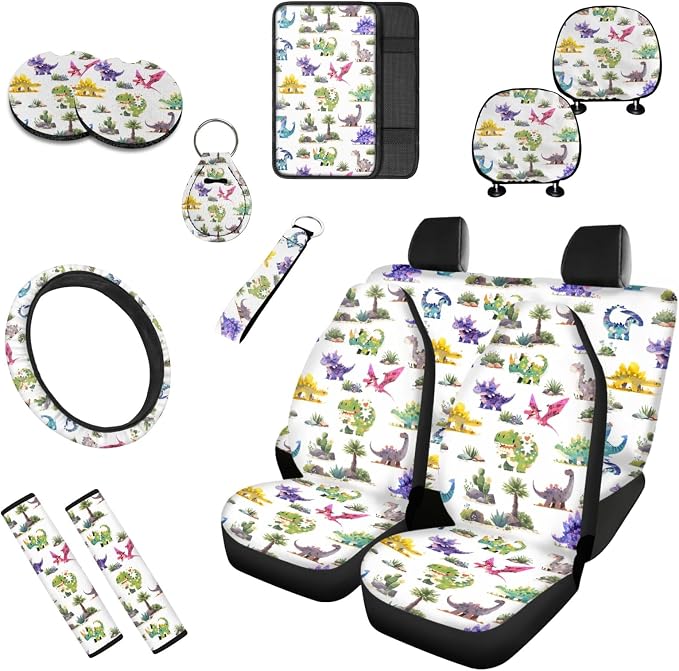 Dinosaur 13 Pcs Car Seat Covers, Cartoon Mini Dinosaur Universal Driver Seat Cover Protector Armrest Pad, Forest Pterosaur Steering Wheel Armrest Cover Seatbelt Cup Mats