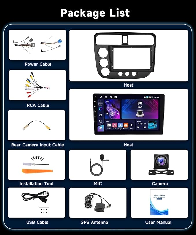 4GB 64GB Radio for Honda Civic 2001-2005 Car Stereo with Wireless CarPlay 5.0Bluetooth DSP 32EQ 5GhzWiFi 9Inch 1280x720P IPS Touchscreen GPS FM/RDS Android Auto MirrorLink AHD Backup Camera