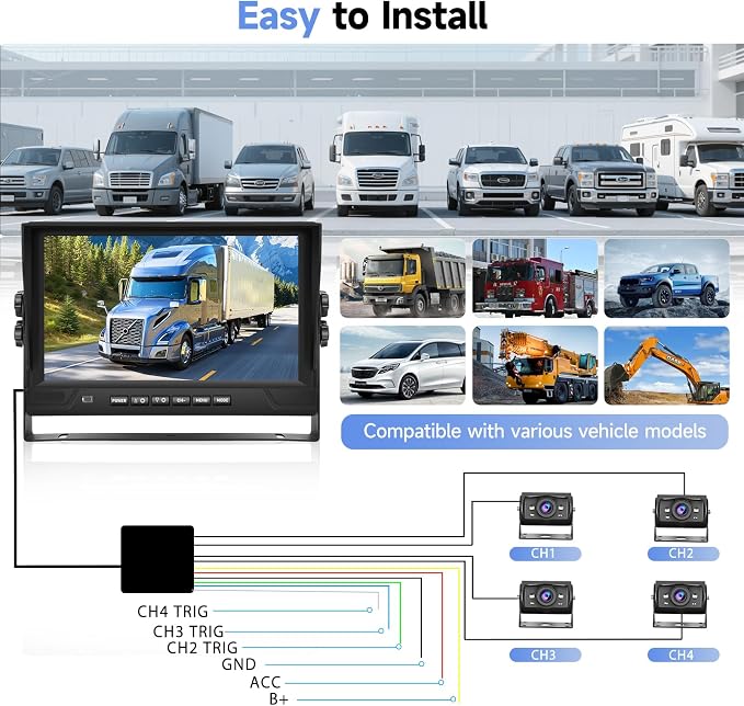 4 Channel 9 inch IPS Backup Camera System with Monitor for Tracks,RVs,Tractors, Bus, CementTruck, HD 1080P Wired Reverse Camera Waterproof Night Vision 4 Cameras Support Recording, Plug and Play