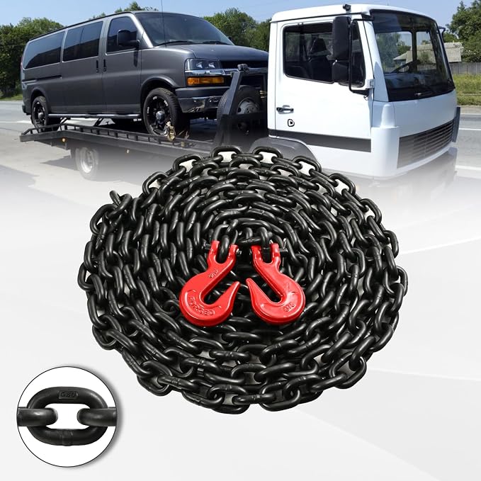 Heavy Duty G80 Transport Binder Chain 3/8'' Inch x 20 Feet,Tow Chain with G70 Clevis Grab Hooks,7100 lbs Safe Working Load Logging for Transporting, Towing(3/8'' x 20FT Black).