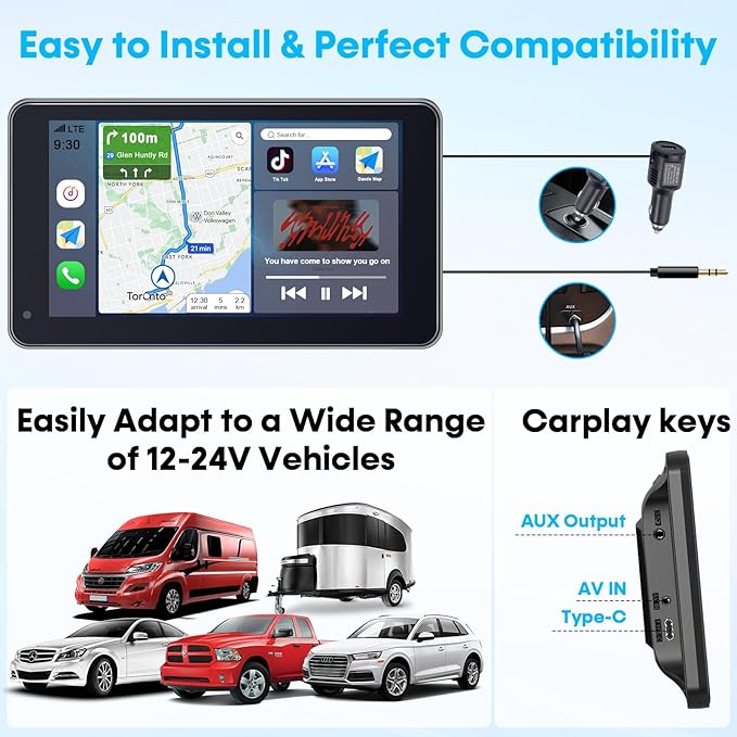3-Min Easy Install Portable Wireless Carplay Screen: Plug-Play Support Apple CarPlay & Android Auto - 7 Inch HD 1080P Car Touchscreen Upgrade Voice Control GPS Navigation for Commuters & Older Cars