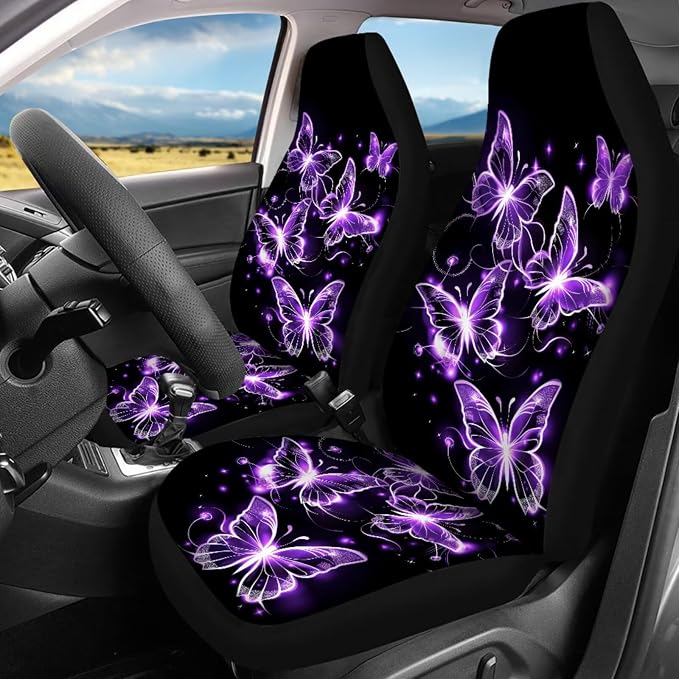 17Pcs Purple Butterfly Car Accessories Full Set for Women,Neon Butterfly Car Seat Covers Set for Front and Rear,Neon Butterflies Car Rubber Floor Mats Shoulder Pad Seat Belt Protector Set