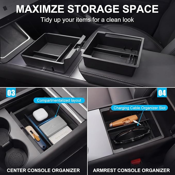 BBTO 8 Pcs Center Console Organizer Compatible with Tesla Model 3 Highland 2025 2026 Accessories Double Layer Center Console Tray Hidden Storage Box Charging Pad Cupholder Interior Storage Accessories