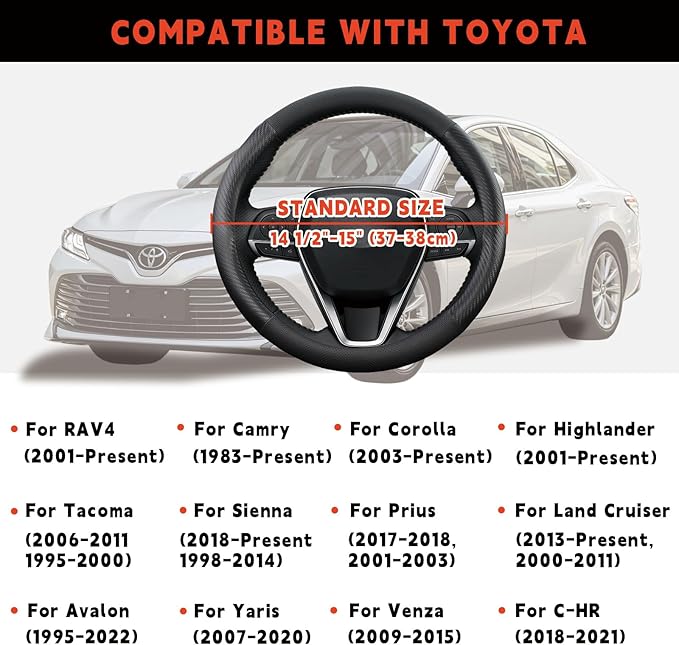 Steering Wheel Cover for Toyota Camry, Tacoma, RAV4, Corolla, Highlander, Sienna, Avalon, Prius, Standard Size 14.5-15" (Matte Carbon Fiber)