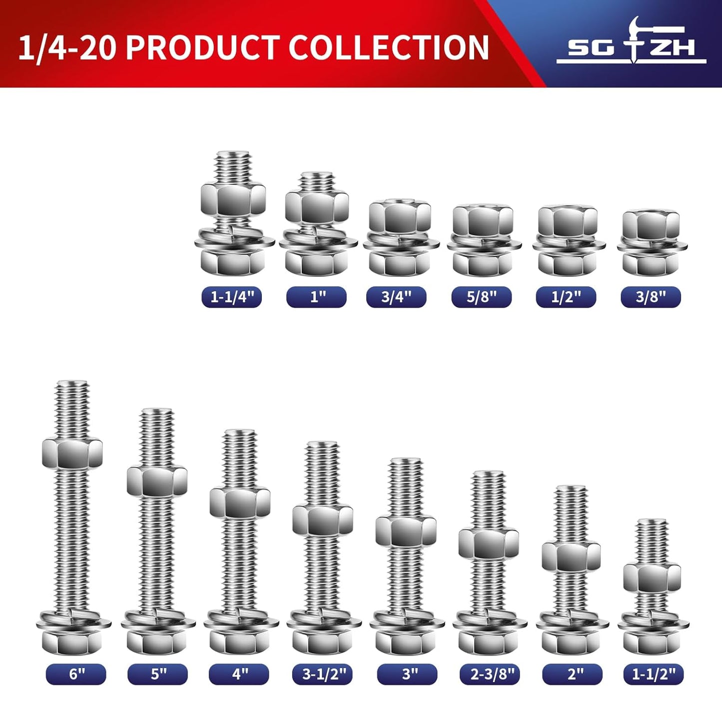 1/4-20 x 2-3/8" Hex Head Screw Bolt, Nuts, Flat & Lock Washers, 20Pcs 18-8 (304) Stainless Steel, Fully Threaded, by SG TZH
