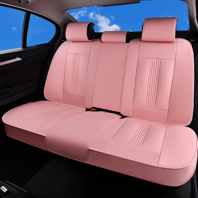 Huidasource Pink Rear Seat Covers, Nappa Leather Back Seat Covers with Ventilation Holes, Velcro Adjustable, Compatible with Seat belts, Child Safety Seats, Universal Fit for Most Cars SUV Truck, Pink