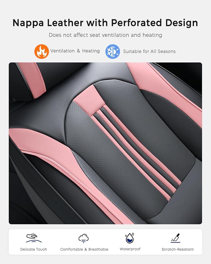 Huidasource Car Seat Cover, Seat Covers Nappa Leather with Lumbar Support, Side Elastic Fabric, Velcro Adjustable, Airbag, Ventilation Heating, Universal Fit for Most Cars SUV Trucks, Black＆Pink