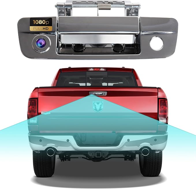 ASURE Tailgate Handle Backup Camera for Dodge Ram 1500 2500 3500 – Silver 1080P Rear View Camera, 170° Wide Angle Night Vision, AHD/CVBS PAL NTSC, Fits Ram 1500 2009–2018, Ram 2500/3500 2010–2018
