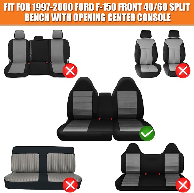 Truck Seat Cover Compatible with 1997-2000 Ford F-150 Seat Covers Front 40/60 Split Bench with Opening Center Console, Not with Airbags Next to The Headrest, Black and Charcoal