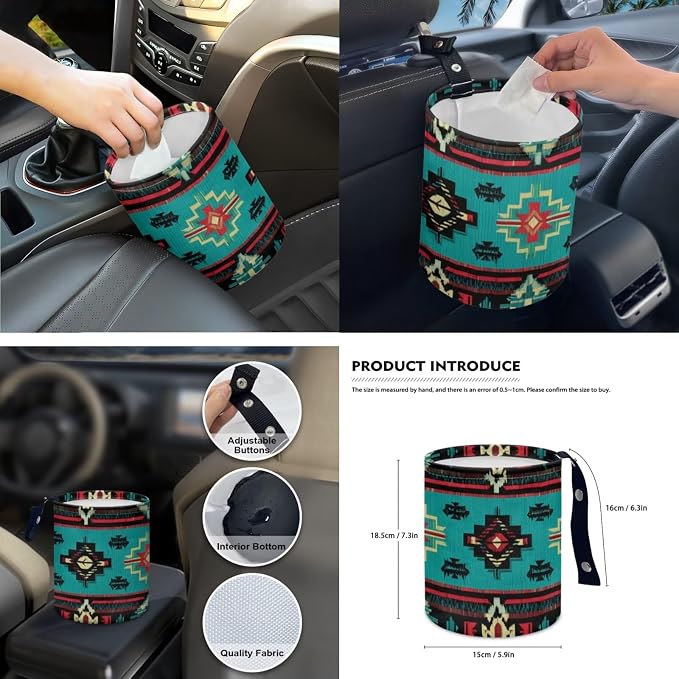 Green Aztec Tribal Car Seat Covers Set of 15 with Universal Steering Wheel Cover, Rearview Mirror Cover, Car Trash Can, Seatbelt Pads, Cup Holder Coasters, Keychains