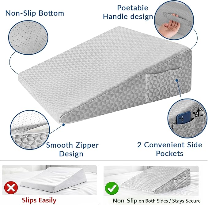 Wedge Pillow 7.5" Bed Wedge After Surgery, Back Pain Relief, Memory Foam Pillow Triangle Incline Wedge for Back Support, Leg Elevation（Light Grey）