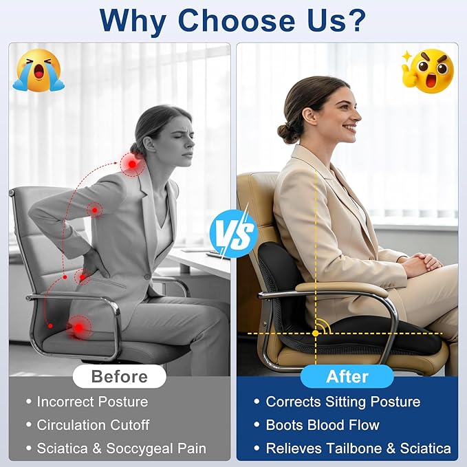 Car Seat Cushion with Lumbar Support Pillow, Memory Foam Office Chair Cushion for Back Pain Sciatica Pain Relief, Ergonomic L-Shaped Seat Cushion for Car Truck Driving Office Chair Home