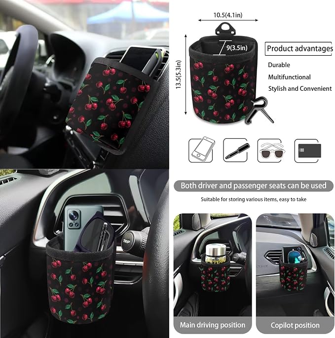 Cherry Print Car Seat Cover Set of 15, Decorative Front Back Seat Covers Steering Wheel Cover Safety Belt Pads Garbage Bag Car Air Vent Storage Bag Cup Mats, Easy to Install