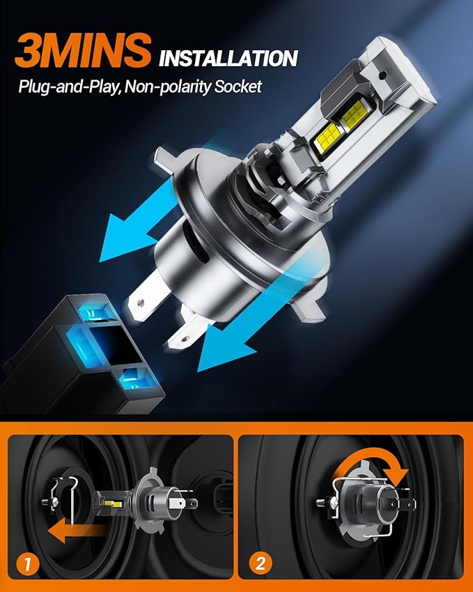 Sealight H4 Fog Bulbs 50,000LM 6500K Cool White 52W High Power Error-Free, H4/9003 Lamps 1:1 Stock Size, 2 Pack