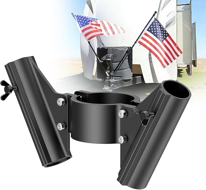 RV Dual Flag Pole Mount for 2" and 2¼" Tongue Jack, Heavy Duty Aluminum Camper Flagpole Holder Fit Double 1" Flag Pole Bracket, RV Trailer Essentials with Quick Lock Wing Screws, Drain Holes