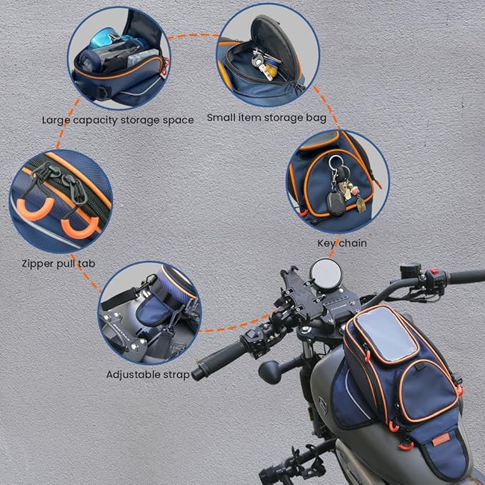 reygeak Motorcycle Tank Bag，Waterproof, with super magnetic thickened magnet blue orange 1680D PVC petrol tank bag, large window cell phone bag, suitable for Suzuki Kawasaki Honda Harley Yamaha.