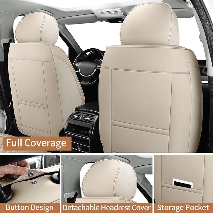 Leather Car Seat Covers Full Set Breathable Automotive Seat Covers Waterproof Seat Protectors Fit for Most Automotive Cars SUV Trucks Vehicle (Beige, Full Set)