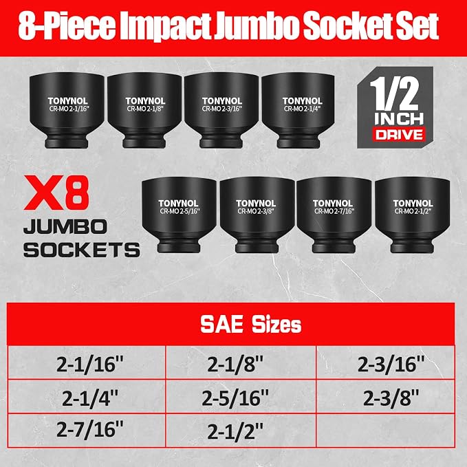 TONYNOL 1/2 Inch Drive Impact Jumbo Socket Set,6-Point,SAE(2-1/16" to 2-1/2"),8 Pcs,Cr-MO Steel,With a Storage Case