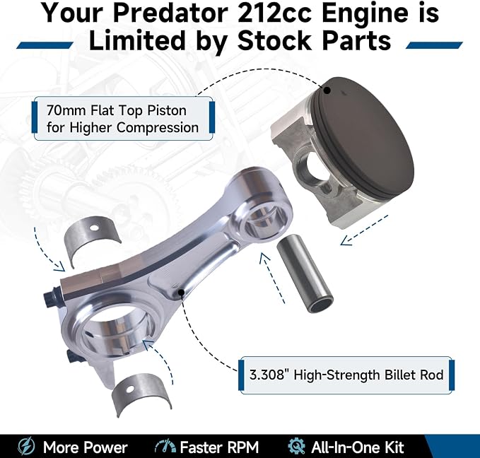 Billet Rod（3.308）70mm Ceramic Coated Flat Top Piston .550 with 18lb Valve Spring Kit for the Harbor Freight Predator 212cc Hemi and Non-Hemi versions Engine Minibike Go Kart Cart