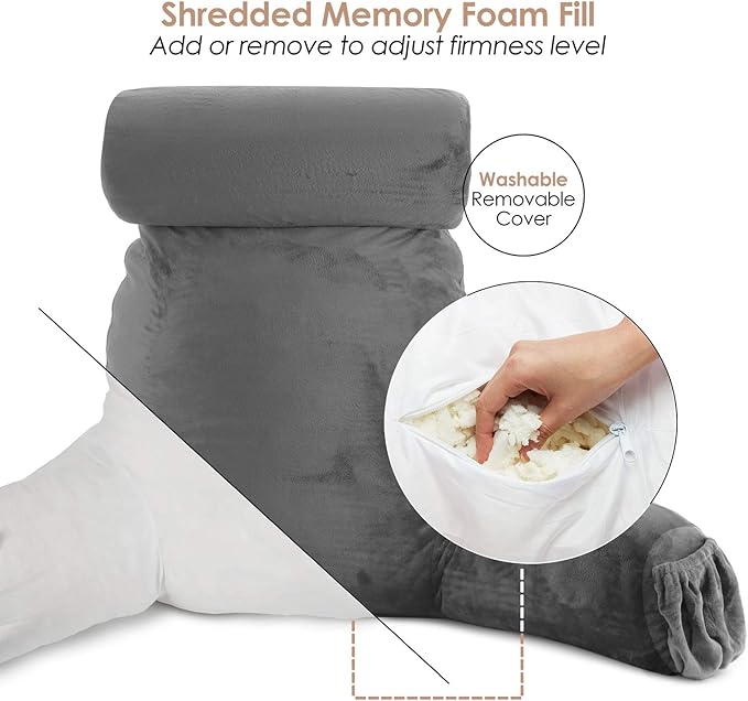 Nestl Reading Pillow with Shredded Memory Foam Includes 2 Neck and Lumber Support Pillows, Designed for Sitting Up in Bed and Couch, Back and Arms Adjustable Support for Adult & Teens, Dark Grey
