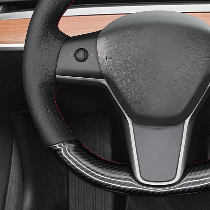 MEWANT DIY Shiny PU Carbon Fiber Geom Embossed Faux Leather Steering Wheel Cover for Tesla Model Y 2023 Model 3 2023