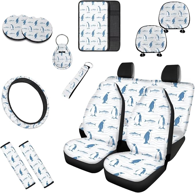 13 Pcs Car Seat Covers Full Set for Women, Mediterranean Style Penguin Vehicle Headrest Cover Keychain, Penguin Fish Automotive Interior Covers for Sedans, Trucks Blue