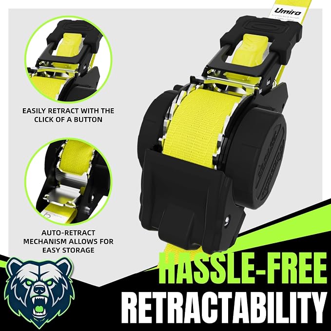 Retractable Ratchet Straps, 4-Pack, 1 Inch x 12 Feet Heavy Duty Tie Downs, 1760lb Break Strength, Self Retracting for Truck, Cargo, Trailer, Motorcycle, ATV, UTV (Yellow, 4pack)