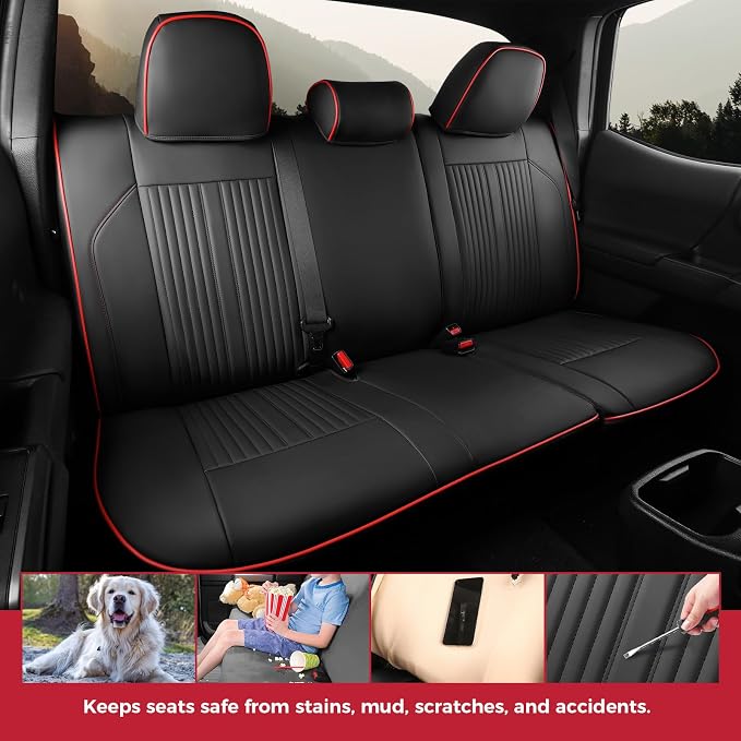 FREESOO Leather Car Seat Covers Fit for Toyota Tacoma 2016-2023 Full Coverage Seat Cover for Double/Crew Cab SR/SR5/Limited/TRD Pro/TRD Sport, Pickup Truck Seat Covers (5 Seats, BlackRed)