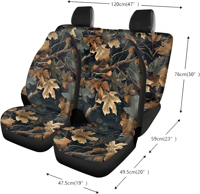 Hunting Camo Pattern Women’s 13 Pieces Car Accessories, 4 PCS Auto Seat Covers with Elastic Backing, 1 Piece Steering Wheel Cover, 4 Safe Belt Pads, 4 Cup Coasters as Gift for Family Friend