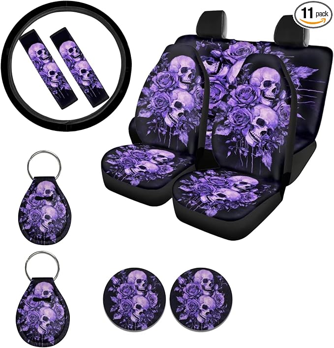 Ystardream Purple Skeleton Car Seat Covers Full Set - 11 Pcs Automotive Accessories with Rubber Steering Wheel Cover, Auto Seat Belt Covers & Keychain, Gothic Style Universal Fit for Night Driving