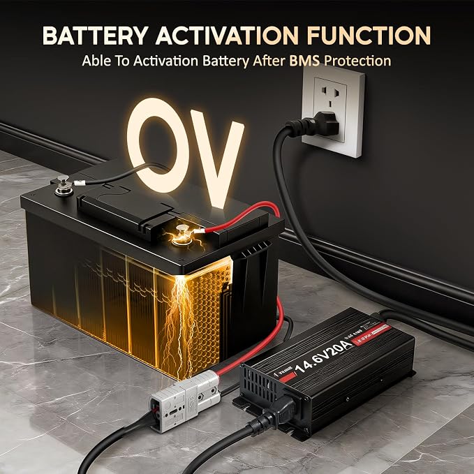 12V 20A Lithium Battery Charger 14.6V LiFePO4 Battery Charger with Anderson Connector for Deep Cycle Batteries of RV, Boat, Off-Grid and Solar Systems