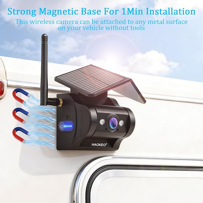 HA7 Magnetic Solar Wireless Backup Camera Rechargeable Battery IP69 Waterproof 1080P Night Vision Rear/Front View WiFi Camera No Wiring for Boat Trailer/RV/Truck/Camper for iPhone Android