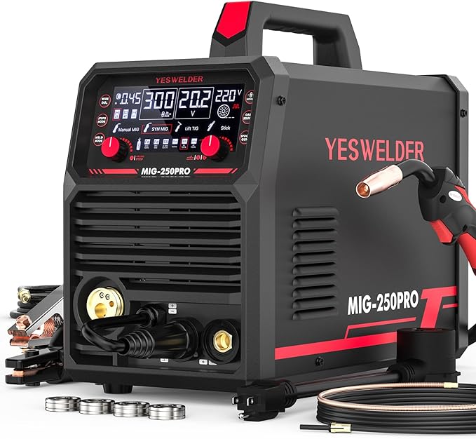 YESWELDER 250A MIG Welder, 110V/220V Dual Voltage, MIG/Pulsed MIG/Flux Core/Spool Gun MIG/Lift TIG/Stick 6-In-1 Multiprocess Advanced Digital Display Aluminum Welding Machine