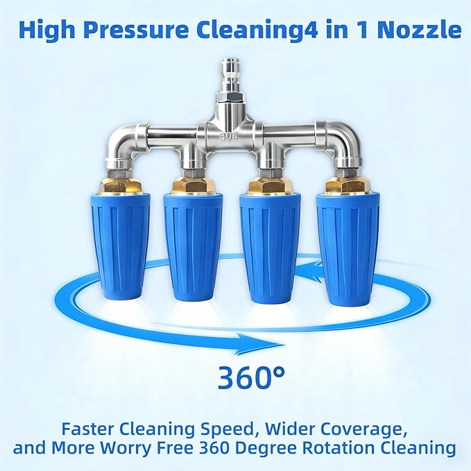Quad Turbo Nozzle Pressure Washer, Quad Pressure Washer Nozzle, 360° Rotating 4000 PSI Turbo Nozzle with 1/4" Quick Connector 2.0 Orifice, 304 Stainless Steel for Driveway/Deck Clean(Blue)