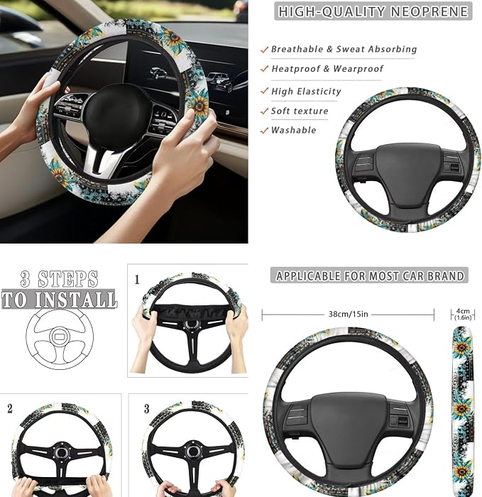 Retro Sunflower 12 Pieces Car Seat Covers Sets Steering Wheel Cover Steering Wheel Cover Car Console Covers Cars Seat Belt Cover Personalized for Most Cars, SUVs