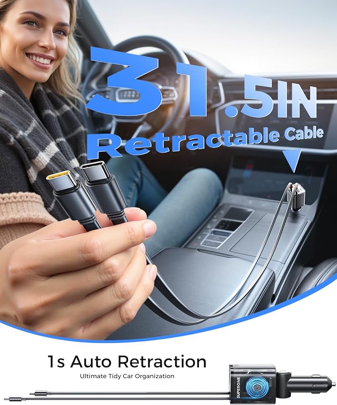 SUPERONE Retractable USB C Car Charger, Phone Car Charger Fast Charging with Dual Type C Cable, Car Accessories Small USBC Car Adapter