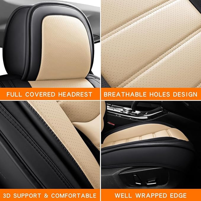 MINGBRON Seat Covers, Car Seat Covers Front Seats, Car Seat Cover, Car Seat Protector Waterproof, Car Seat Cushion Nappa Leather, Beige Seat Covers Carseat Cover Universal Fit for Most Cars