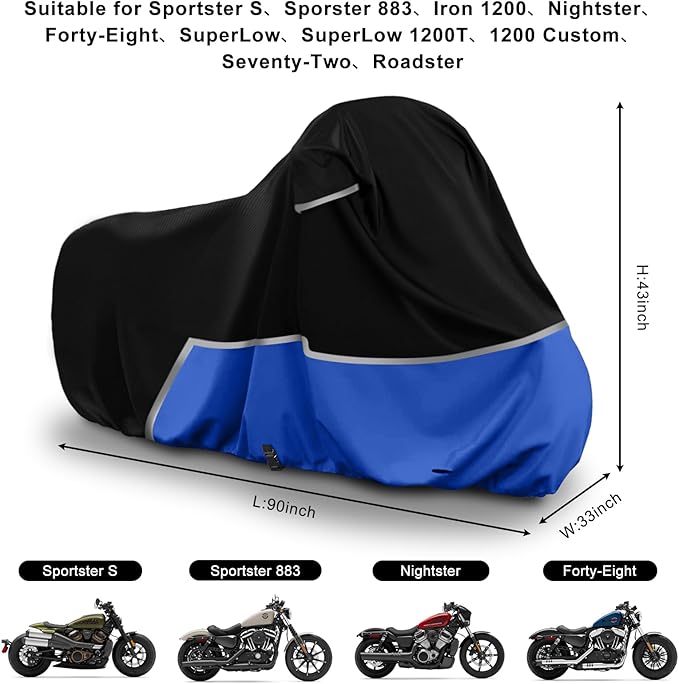 Waterproof Motorcycle Cover Replace for Harley Davidson Sport Models, 420D Oxford Cloth Nightster, Sportster Motorcycle Cover with Reflective Strips for Snow Rain Dust Hail Protection
