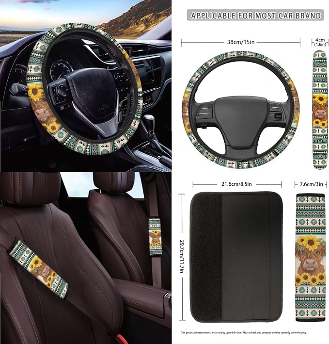 Wanyint Car Seat Cover Set 15 PCS, with Steering Wheel Seat Belt Strap Rear View Mirror Cover Trash Can Cup Coaster Keychain Air Vent Storage Bag Universal Fit, Aztec Highland Cow Sunflower Blue
