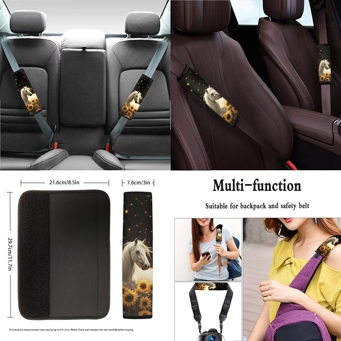 Xoenoiee Horse Sunflower Black Pattern Car Seat Covers and Accessories, Front Rear Seat Covers, Steering Wheel Cover, Seat Belt Pads, Coasters, Keychains for Car SUV Decor, 11 PCS Set
