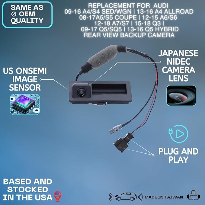 Backup Camera Replaces for Audi 09-16 A4/S4 SED/WGN | 13-16 A4 ALLROAD | 08-17 A5/S5 Coupe | 12-15 A6/S6 | 12-18 A7/S7 | 15-18 Q3 | 09-17 Q5/SQ5 | 13-16 Q5 Hybrid | 14-18 RS7 OE Part # 5N0827566AA